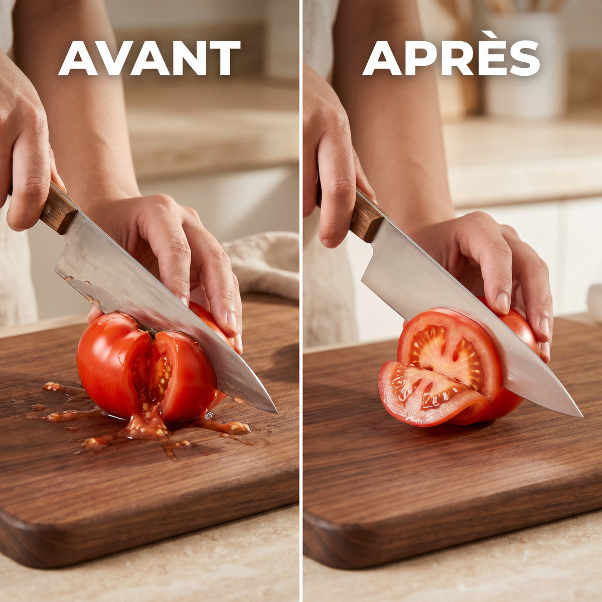 Avant / après : un couteau émoussé écrase la tomate, le même couteau aiguisé la tranche finement