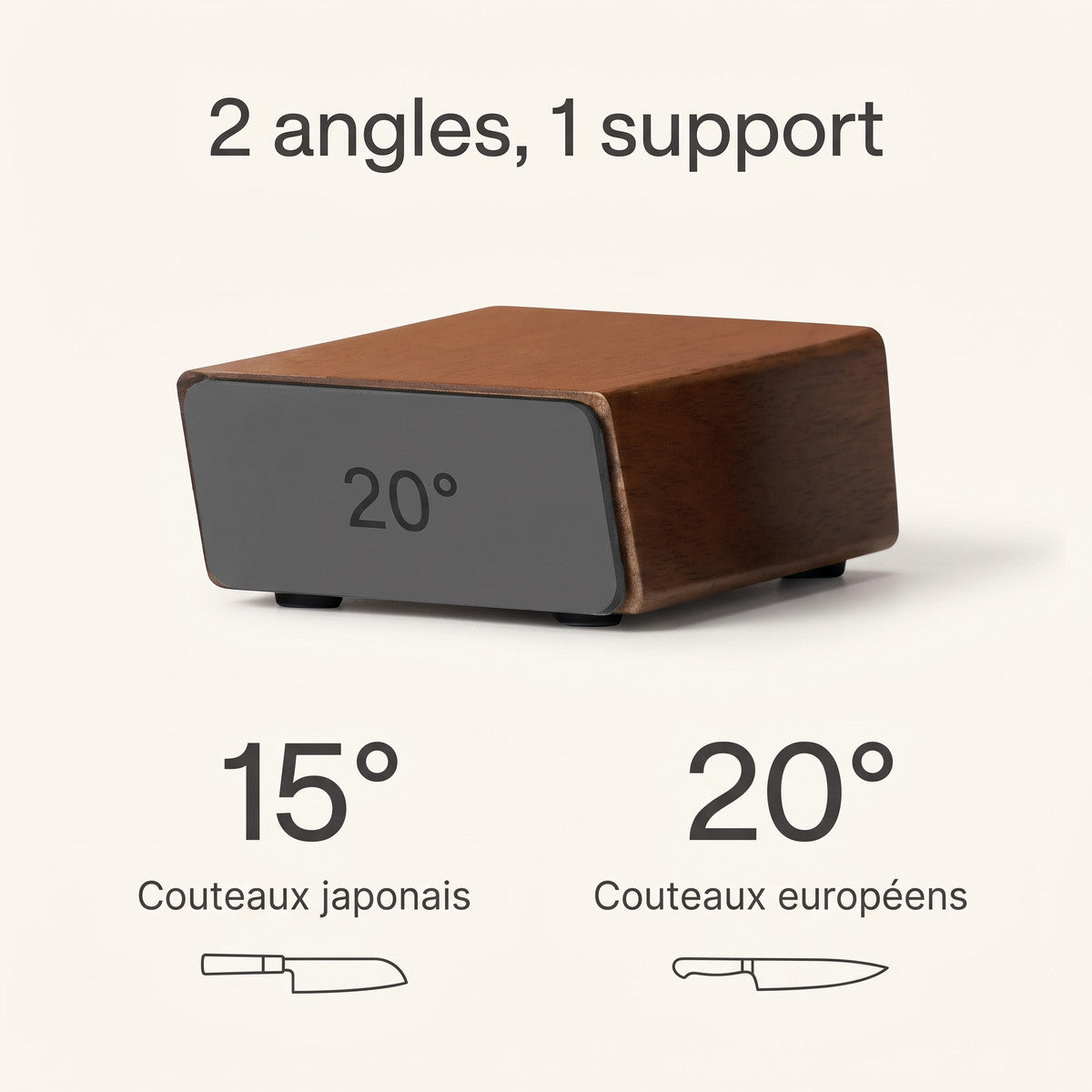 Support magnétique double angle : 15° pour couteaux japonais, 20° pour couteaux européens