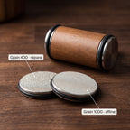 Disques diamant interchangeables : grain 400 pour réparer, grain 1000 pour affiner le tranchant