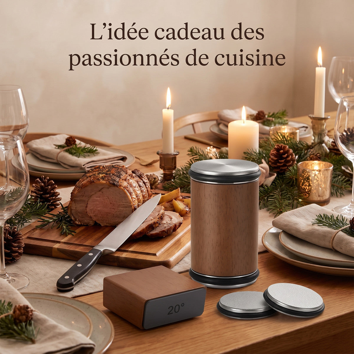 L'aiguiseur à rouleau en bois, idée cadeau pour les passionnés de cuisine, sur une table de fête